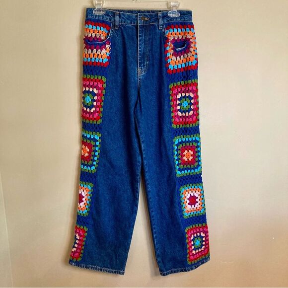 RARE Farm Rio Crochet Squares Denim Jacket & Jeans Set Pants Granny Blue Size S - Picture 10 of 16
